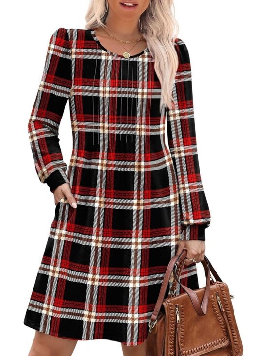 Dresses & Skirts - Women's Black Red Plaid Crew Neck Pockets Fall Baby Doll Sweater Mini Dress